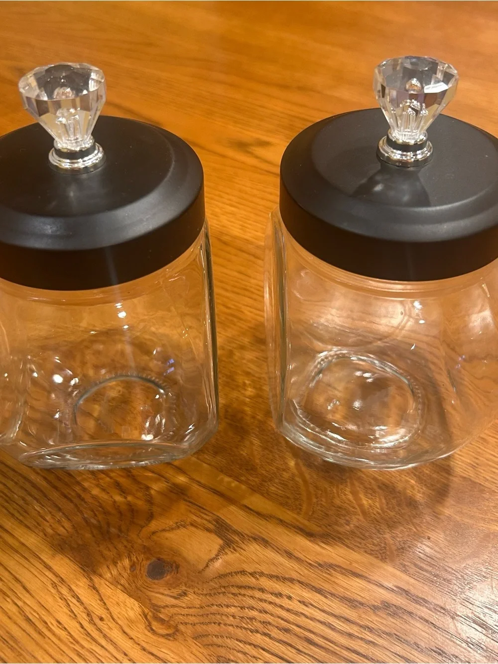 Clear Glass Storage Canister Set with Black metal Lids and Crystal Knobs